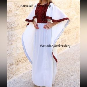 Palestinian Embroidered Maxi Dress With a long Ruffle at the back